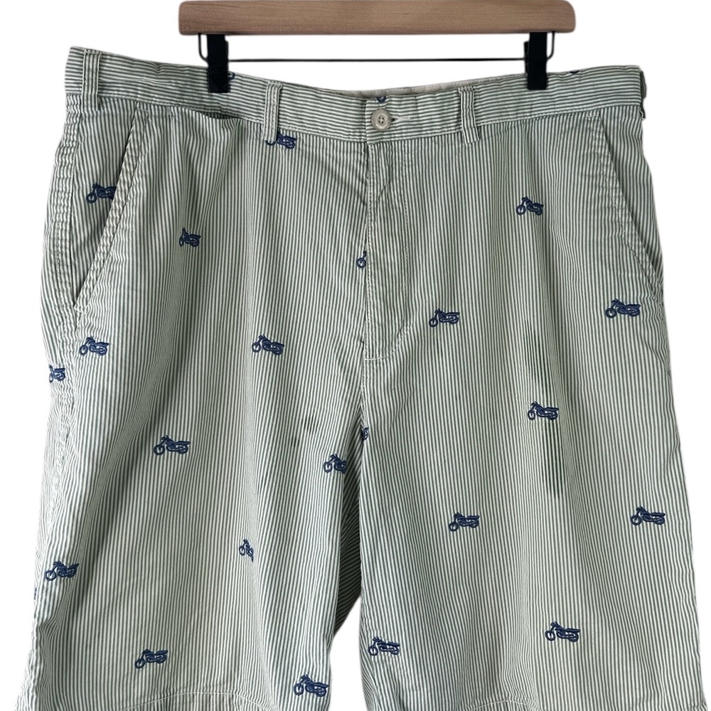 Tommy‎ Hilfiger Green Striped Shorts with Blue Motorcycles Embroidered Size 40